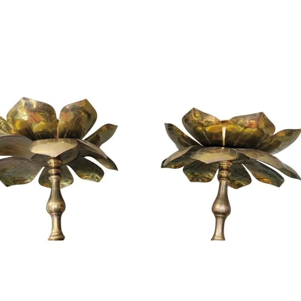 Pair of‎ VTG Brass Lotus Flower PARZINGER Style Candle Holder Hollywood Regency